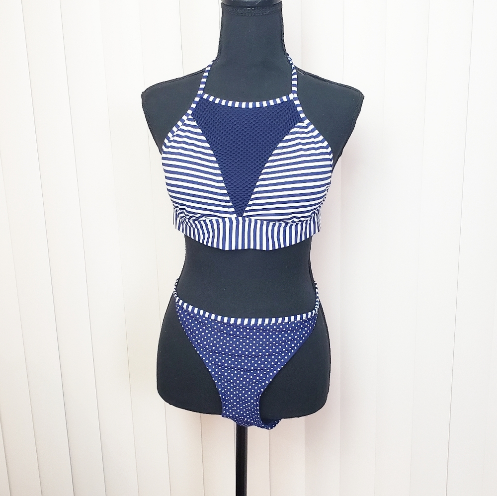 Shade & Shore Blue White Striped Bikini Set Size M
